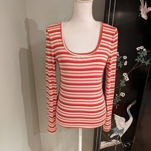 Loft Women's Medium Red Pink Striped Long Sleeve Scoopneck Top Jersey Knit 57